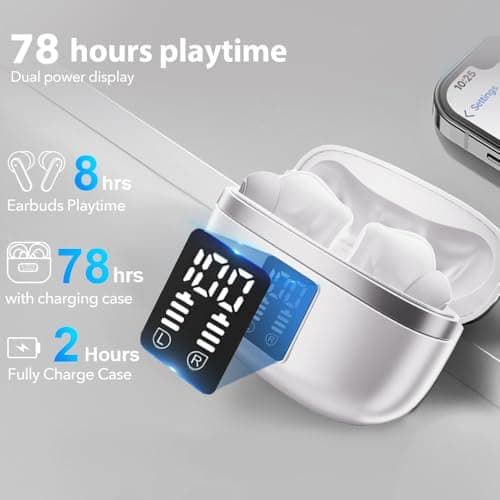 JBMI Wireless Earbuds Bluetooth Earphones, 60H Deep Bass Ear Buds with 4 Noise Cancelling Microphone, IPX5 Waterproof in Ear Headphones for iPhone Android Sports Gaming Usb C (Pearl) — view 4
