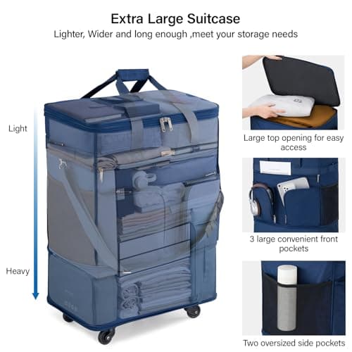Hanke Expandable Large Suitcase 4 Wheels Lightweight Collapsible,Foldable Suitcases &Travel Bags Hand Luggage Extend 20/24/28 inch Suitcases Duffel Bag Without Telescopic Handle for Men & Women, Blue — view 5