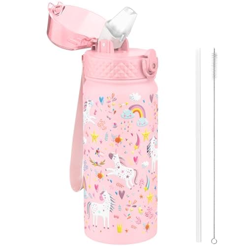 GOPPUS 550ml/18oz Kids Insulated Water Bottle with Straw Cute Double Wall Stainless Steel Child's Small Flask Vacuum Insulated Steel Metal Leak Proof Drink Flask Boys Toddler Girls Bottles BPA-Free