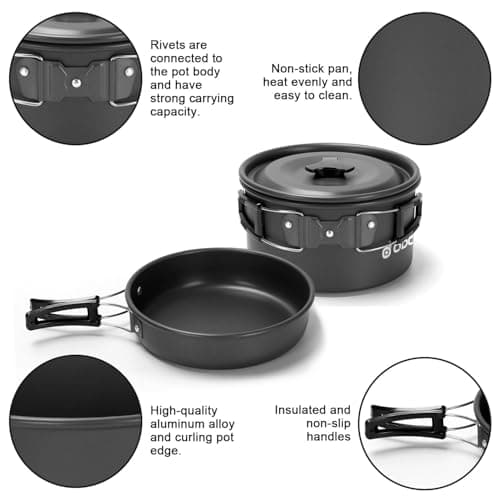 Odoland Camping Cookware Set, Non Stick Pot Pan Kettle Set with Stainless Steel Cups Plates Forks Knives Spoons for Outdoor Cooking and Picnic - Camping Cutlery Set Suit 2 People — view 6