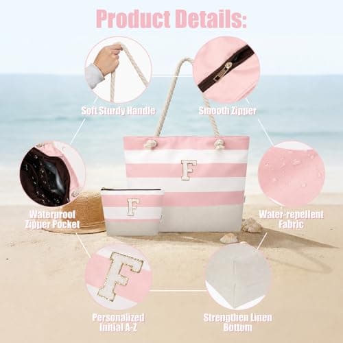 Vavabox Initial Beach Bag with Zip＆Pockets, Personalised Gifts for Women(A) — view 4