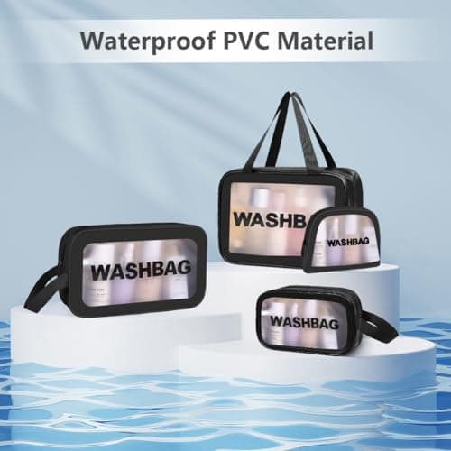 Aucuu 4PCS Clear Toiletry Bag, Wash Bag, Clear PU Makeup Bags, Waterproof Toiletry Travel Bags with Zipper Handle, Portable Airport Cosmetic B-ag for Travel Bathroom Men Women (Black) — view 6