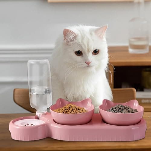Dog Food Bowls, 15°Tilted Cat Dishes with Automatic Water Dispenser Bottle, Cat Feeding Bowl, 500ml Water Bottle, Pet Dish — view 3