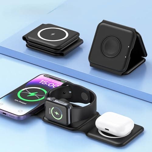 Orco 3-in-1 Magnetic Wireless Charger - Foldable Travel Charging Station for iPhone 16/15/14/13/12 Pro Max, Apple Watch Ultra/10/9/8 & AirPods Pro 2-15W Fast Charging Stand & Portable Dock (Black)