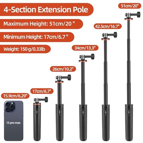 20"/51cm Selfie Stick Tripod for GoPro Hero 13/12/11/10/9/8/Max2, DJI Osmo Pocket 4P/4/3, Action 6/5 Pro/4, AKASO EK7000 Action Cameras — view 4