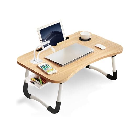 Foldable Laptop Table with USB Ports, Drawer,Cup Holder&Tablet Slot, Walnut