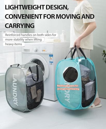 KIAYOO Collapsible Laundry Basket,75L Large Washing Basket Foldable Folding Dirty Clothes Hamper with Side Pocket Bag,Pop up Washing Bin Bag for Bathroom,Bedroom,College Dorm,Hotel,Travel,Blue — view 3
