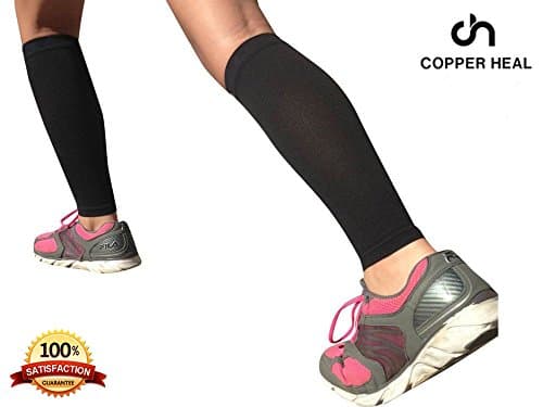 COPPER HEAL Calf Copper Compression Sleeves (Pair) Sport Muscle Strains Shin Splints Leg Socks Guard Running Marathon Soccer Rugby Tennis Golf Maternity Flight Gym Work — view 6