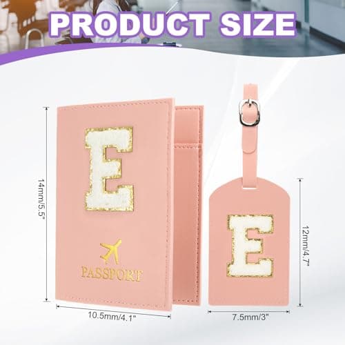 PATIKIL Passport Holder for Travel, Initial Passport Cover and Luggage Tag Set with Alphabet Chenille Letter Patch Travel Wallet Bag Suitcase Identifier for Women Family Travel Pink E — view 2
