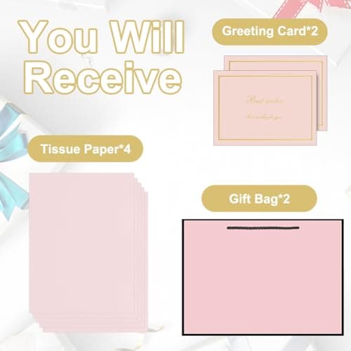 AMFUN 2PCS Medium Pink Gift Bag, Paper Gift Bag with 4 Wrappers and 2 Cards,Present Bags with Handles,Pinks Paper Bags for Women Valentines Girls Bridesmaid Birthday Wedding Party (Pink-Black) — view 6