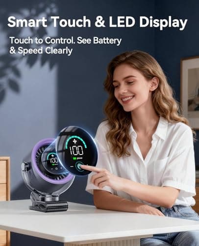 KIMMOO 4000mAh Rechargeable Portable Clip-on Fan with LED Display, 100-Speed Touch Control & 360° Rotation, Quiet Turbo Desk Fan, Small Battery Operated USB Fan (Grey) — view 6