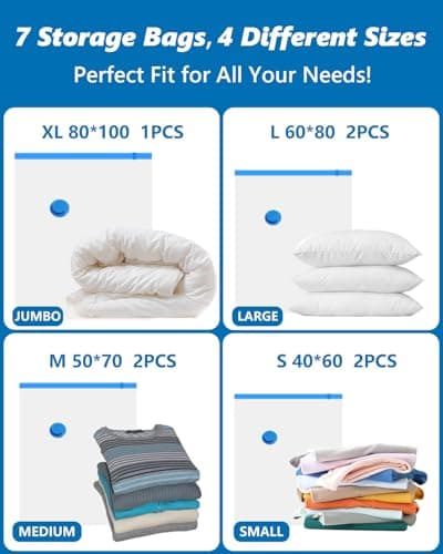 7-Pack Vacuum Storage Bags with Electric Air Pump – Includes 1 Jumbo, 2 Large, 2 Medium, and 2 Small,Reusable Vacuum Bags for Storage for Bedding Pillows, Moving and Travel, Space Saver — view 2