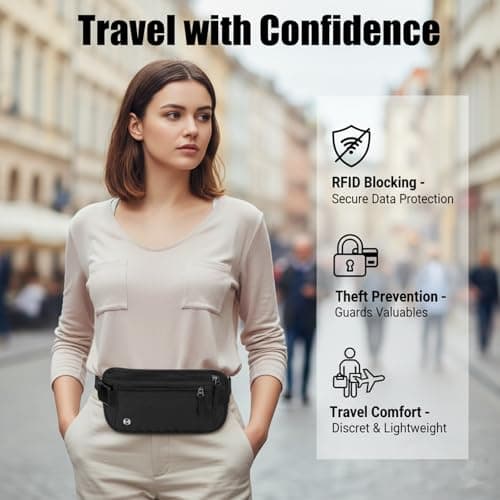 RFID Blocking Money Belt for Travel Hidden Men Women - Ultra-Slim Hidden Waist Pack & Bum Bag, Waterproof Fanny Pack Money Bags for Passport, Cash, Phone & Cards (Black) — view 4