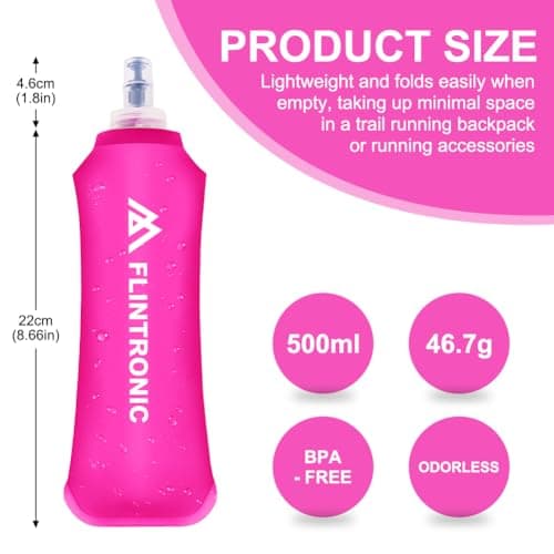 flintronic 2 Pcs Soft Flask, 500 ml/17oz TPU Foldable Running Water Bottle, Handheld Drinking Flask with Wrist Strap and Carabiner Clips, BPA-Free, BPA-Free, for Running, Cycling, Hiking, Pink — view 2