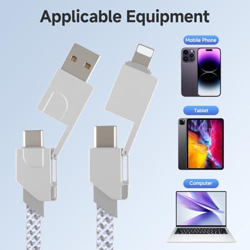 AHRLIC 4-in-1 USB Charging Cable Keychain – Zinc Alloy, Multi-Adapter Charger Cord for USB, Type-C, Micro USB, iOS Port Devices – 60W Fast Charging, Magnetic Stretchable Travel Cable (Light Gray) — view 4