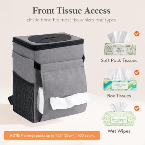 Lifewit Car Bin with Lid, Hanging Trash Bag with Tissue Holder, Grey — view 5