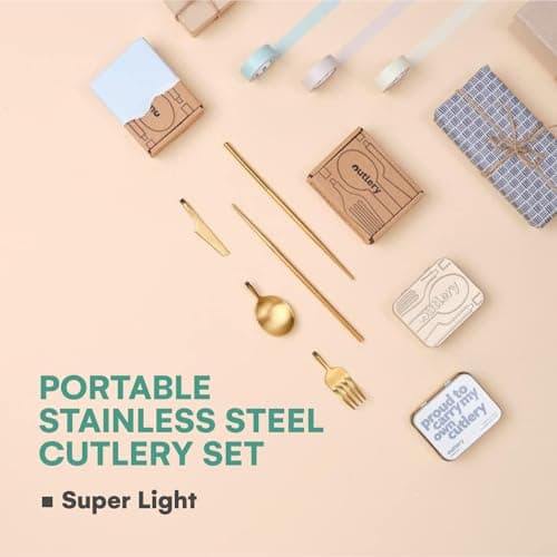 Outlery | Portable & Reusable Stainless Steel Travel Cutlery Set and Reusable Chopsticks (Metallic Gold) Pocket Sized Cutlery Set — view 2