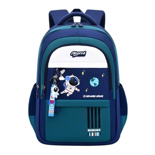 Space Childrens Backpacks for Boys, Multi-Pocket Astronaut Boys School Bags Backpacks with Chest Strap, Dark-Blue+Green