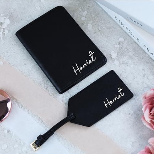 eBuyGB Personalised Named Passport Holder & Luggage Tag Travel Set, Travel Gift, PU Leather Suitcase Tag & Passport Covers (Black) — view 2