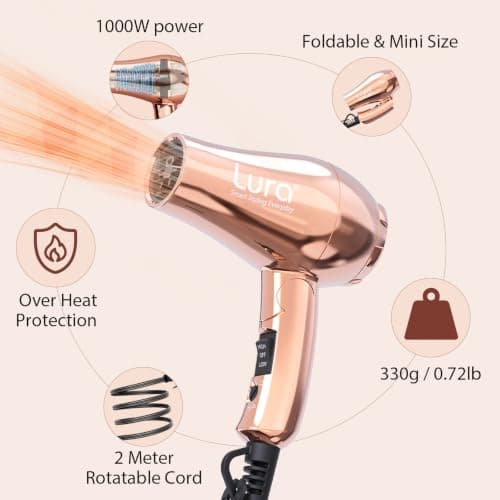 LURA Travel Hair Dryer Dual Voltage with Folding Handle,Rose Gold — view 2