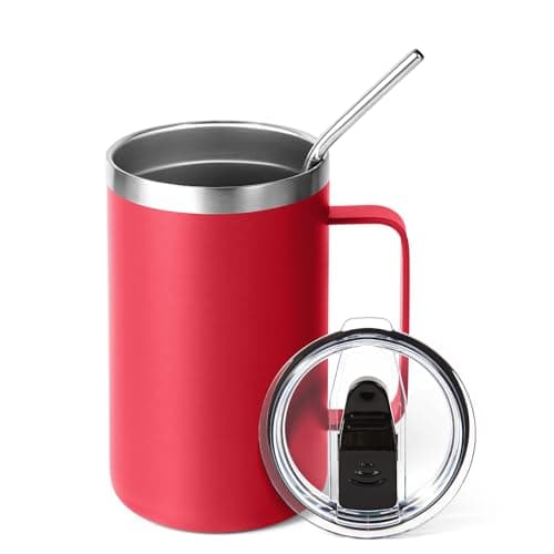 Volhoply 470ml (16oz) Insulated Coffee Mug with Lid and Straw, Stainless Steel Travel Mugs with Handle, Double Wall Vacuum Leak Proof Coffee Tumbler Cup (Red,1)