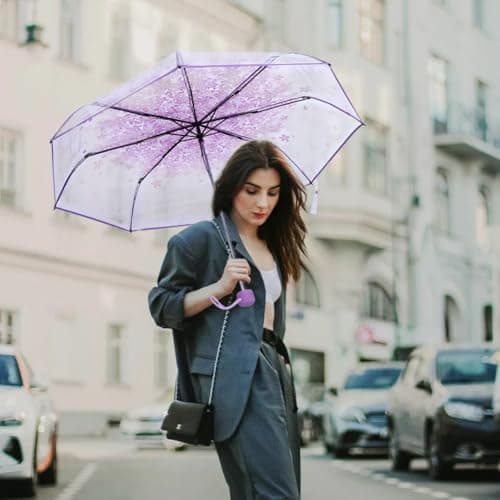 Tiiyee Clear Folding Umbrella, Cherry Blossom for Rain (Light Purple) — view 5