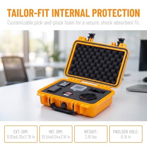 MEIJIA IP67 Waterproof Hard Protective Case,Compact Hard Camera Case,Small Hard Case with Customizable Foam, Fit Use of Drones,Camera,Lens (Yellow, 11.65x8.35x3.78inches) — view 3