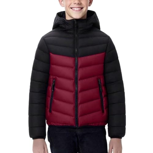 Slxbear Wine Winter Puffer Jackets Boys Girls Down Coats Padded Warm Bubble Outerwear with Hood Color Block Hooded Everyday Wear Comfy Thermal Coats Lightweight Packable Coat 12-13 Years