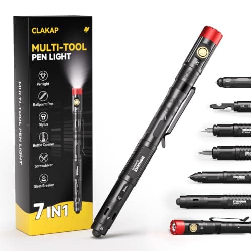 Rechargeable Pen Light, 7-in-1 Multitool Pen Flashlight with 4 Light Modes, Pocket LED Inspection Light with Clip, Ballpoint Pen, Stylus, Screwdrivers, Bottle Opener & Glass Breaker Tip (1, Black)