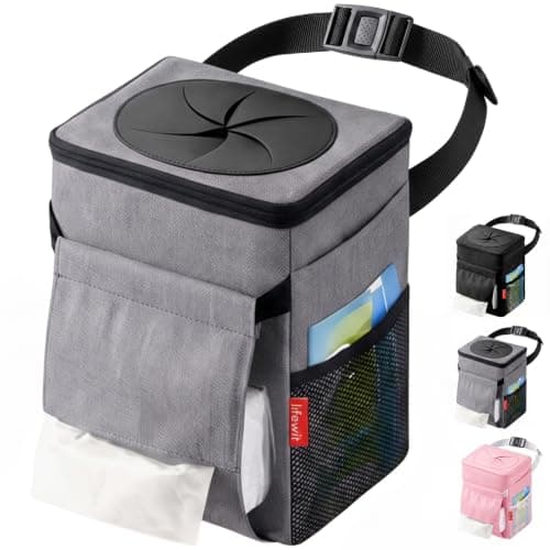 Lifewit Car Bin with Lid, Hanging Trash Bag with Tissue Holder, Grey