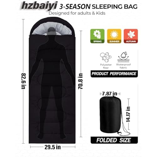 Sleeping Bags for Adults & Kids Sleeping Bag 3 Season, Ultralight Carry Bag, Adult Blanket, Lightweight Compact for Outdoor Camping, Travel, Hiking, Indoor & Outdoor Use (Black) — view 2