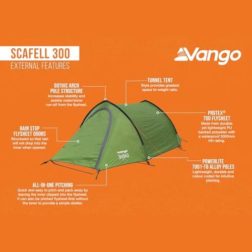Vango Scafell Tent Hiking Backpacking Wild Camping | DofE Recommended Kit | Waterproof, Easy Setup, Lightweight, Compact | Alloy Poles & 3000mm HH Material (300 (3 Person)) — view 6