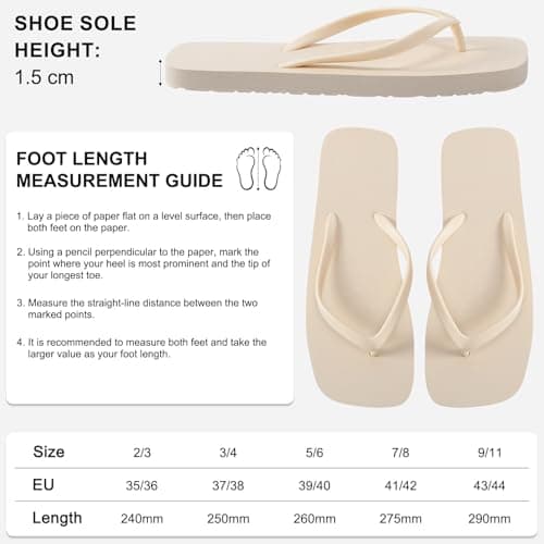 BBXWANG Unisex Flip Flops for Women Men Square Rubber Slip-Resistan Flip Flops Sandals for Shower Beach Pools (Off-white, Adult, Women, 5, Numeric Range, UK Footwear Size System, 6, Medium) — view 5
