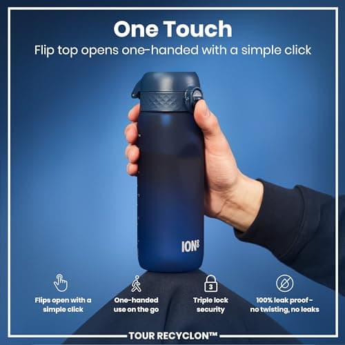 ION8 Sports Water Bottle, 750 ml/24 oz, Leak Proof, Easy to Open, Secure Lock, Dishwasher Safe, BPA Free, Flip Cover, Carry Handle, Soft Touch Contoured Grip, Easy Clean, Odour Free, Navy — view 3