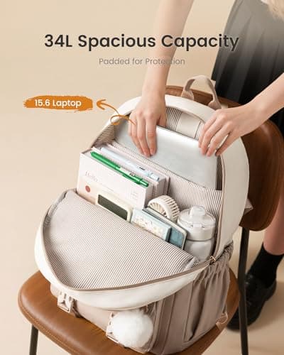 LOVEVOOK School Backpack Womens, School Bags for Girls Teens Aged 8-18, Water-Resistant Lightweight 15.6 Inch Laptop Bag, Classic High School Back to School Rucksack for Travel, Khaki-Beige — view 6
