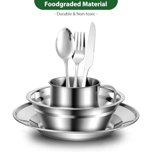 Odoland Camping Cutlery Set - Stainless Steel Tableware Mess Kit Plate Cup Fork Spoon, 8 in 1 Flatware Kit with Mesh Bag - Dinnerware Utensils Set for Outdoor Camping Hiking and Picnic for 1 People — view 3