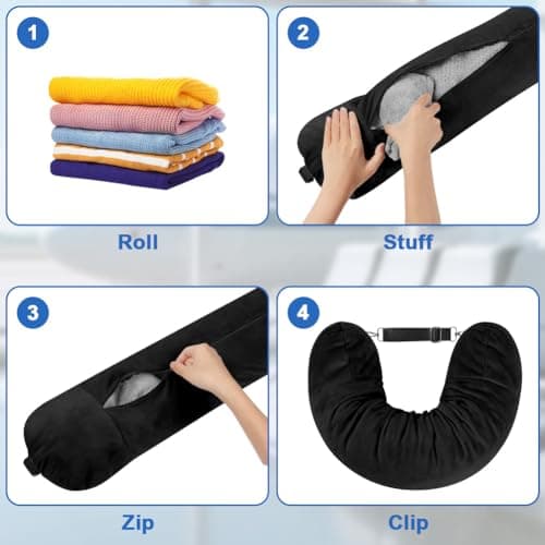 Adiwo Multifunctional Stuffable Travel Pillow, Travel Pillow Stuffable with Clothes, Soft Stuffable Neck Pillow, Fillable for Extra Luggage with Adjustable Straps, for Airplane Camping Train, Black — view 5