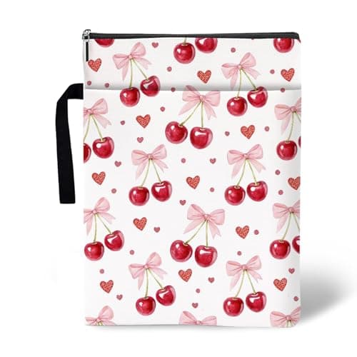Cherry Bow Book Sleeves, Cute Pink Bow Book Bags for Women, Waterproof Book Pouch with Hanging Rope, Book Lover Gift