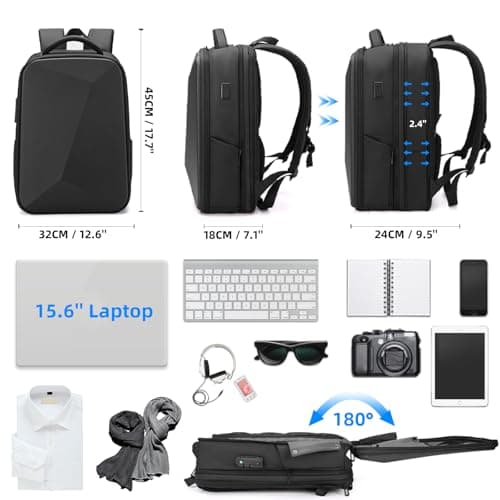 FENRUIEN Anti Theft Laptop Backpack for Men, Expandable Waterproof Hardshell Backpack with USB Port, Black Business Travel Computer Bag 15.6 Inch — view 2