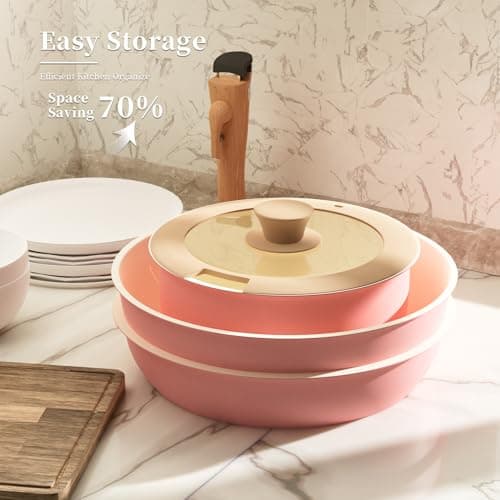 ShanSon 6 Pieces Kitchen Non-Stick Cookware Sets with Removable Handle, Stackable Pots and Pans Set Nonstick for Induction Gas RVs Camping Space Saving，Pink — view 5