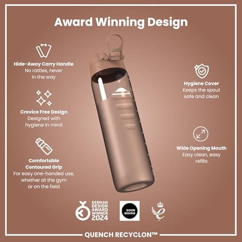Ion8 1 Litre Water Bottle, Leak Proof, Flip Lid, Carry Handle, Rapid Hydration, Dishwasher Safe, BPA Free, Contoured Grip, Ideal for Travel, Gym & Activity, Recyclon, 32oz, Half Cut Mocha Mousse — view 6