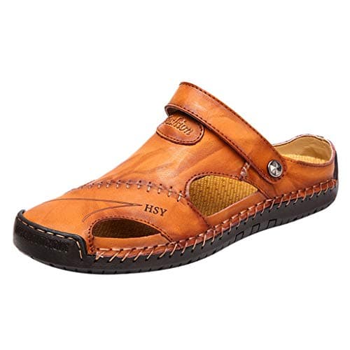 Summer Men'S Casual Leather Sandals, Outdoor Beach Shoes Leather Outdoor Hiking Sandals Closed Toe Casual Walking Sandals Beach Summer Sandals For Hiking Trekking Breathable Travel Slippers