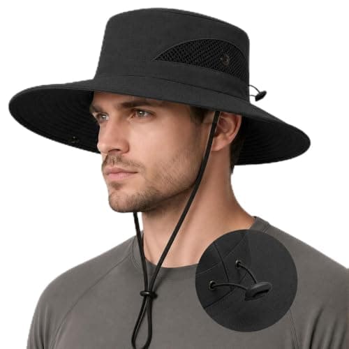 newhsy Wide Brim Sun Hat Mens UPF50 Breathable Mesh Foldable Bucket Safari Hat for Fishing Hiking Travel (Black)
