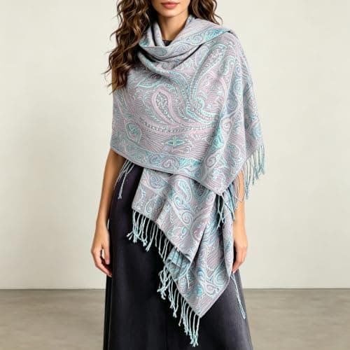 2026 Adults' Paisley Print Fringed Shawl Scarf, Ornate Motif, Long Rectangular Shape and Tasselled Fringe, Polyester Layer for Autumn Walks, Winter Outfits, Travel Casual Wear (4) Mint Green — view 3