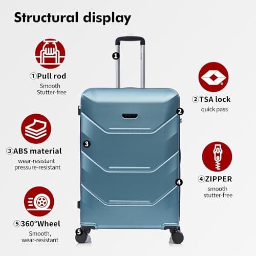 Rocklands® Cabin Suitcase 55x40x20cm Hard Shell TSA Lock, 4 Spinner Wheels, Lightweight Hand Luggage Small Travel Bag, Approved for 100+ Airlines Including Ryanair, EasyJet (Ice Blue, Cabin (20 Inch)) — view 3