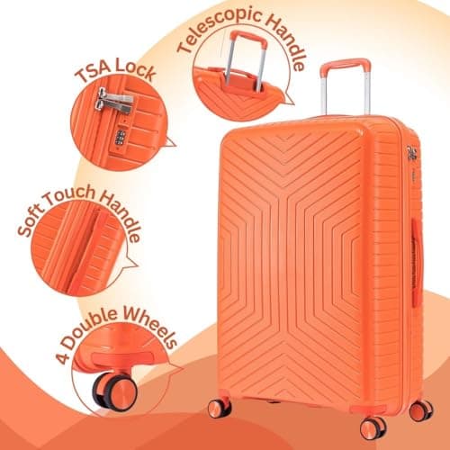 DK Luggage 28" Large Hard Shell Polypropylene PP Suitcase 4 Wheel Spinner Luggage PP20 Orange — view 3