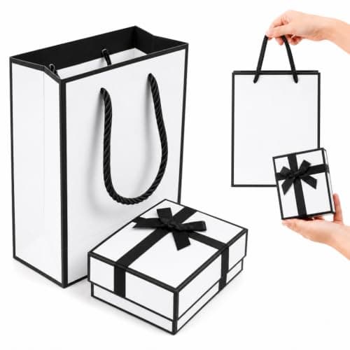 Gift Bag and Gift Box Set,7 x 9 x 3 cm Small White Jewellery Gift Box with Lid and Ribbon Bow,Gift Box with Soft Foam Insert for Rings,Earrings,Necklace,Birthdays and Weddings