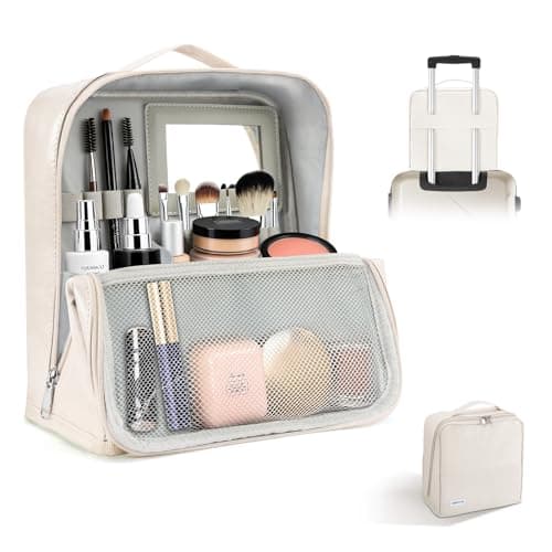 Travel Makeup Bag, CS COSDDI Make Up Bags for Women Large Capacity Cosmetic Bags Waterproof Toiletry Bag with Luggage Compartment Tie and Detachable Mirror, Leather Portable Standing Makeup Bag