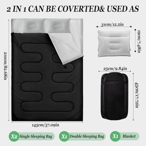 Sleeping Bag, 3-4 Season Double Sleeping Bag with 2 Pillows Camping Travel, Extra Large Lightweight Waterproof Indoor & Outdoor Use for Adults for Hiking, Backpacking and Camping (Black Double) — view 2