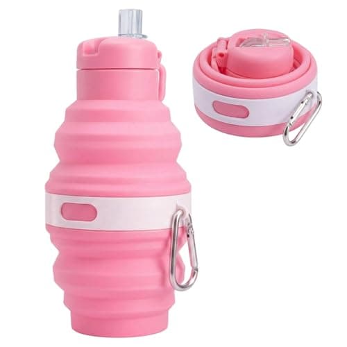 KSVFTB Collapsible Water Bottle, Pink Folding Water Bottle, Portable Silicone Water Bottle with 500ml Capacity for Gym Hiking Camping Cycling Outdoor Hydration